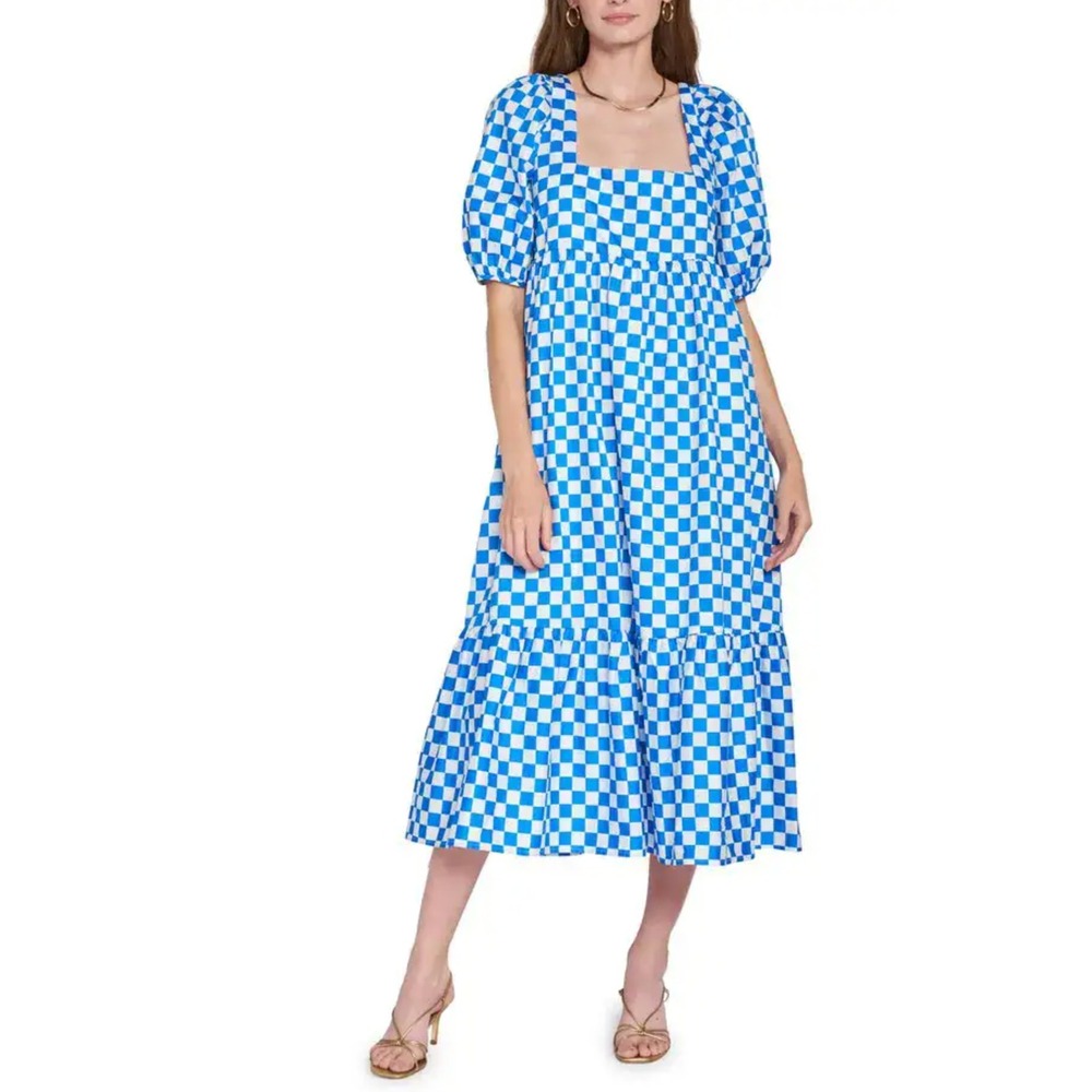 NEW En Saison Check Print Tiered Puff Sleeve Midi Dress Oversized Cotton XS